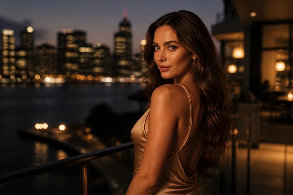 Confident brunette woman overlooking an Australian city at night