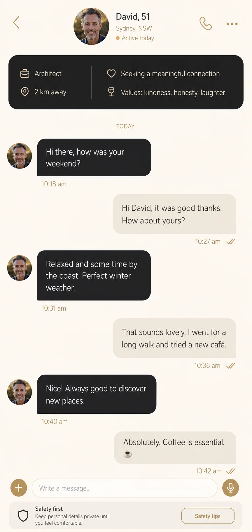 Illustrative private conversation screen between two adults