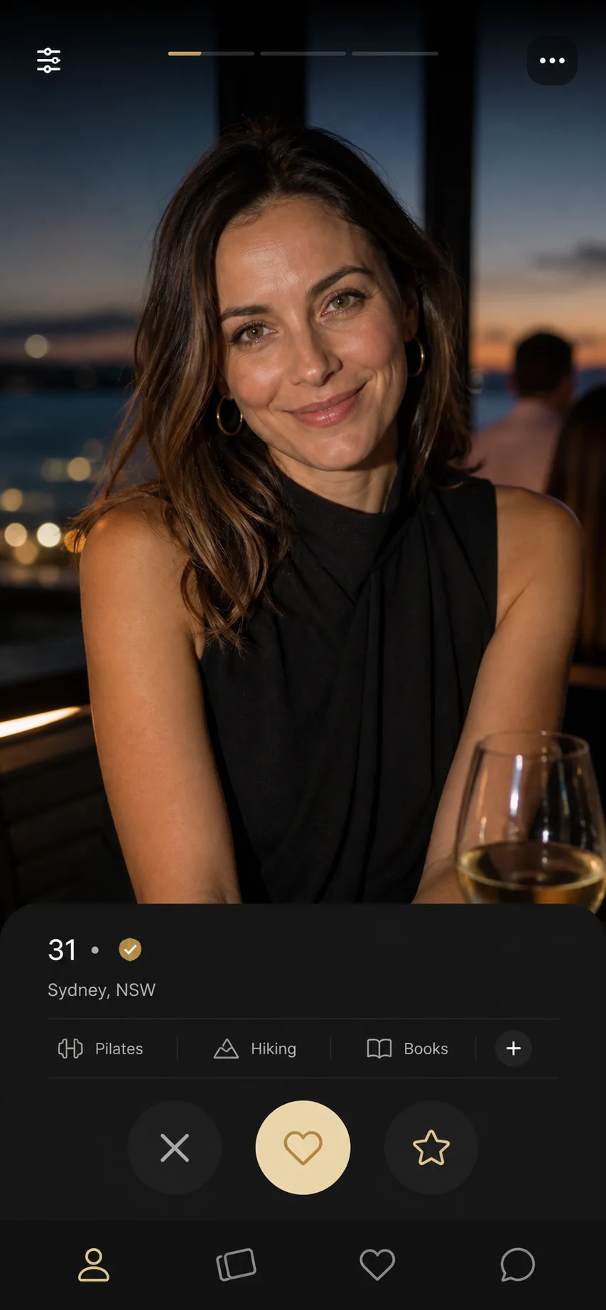 Illustrative mobile discovery screen showing an adult profile