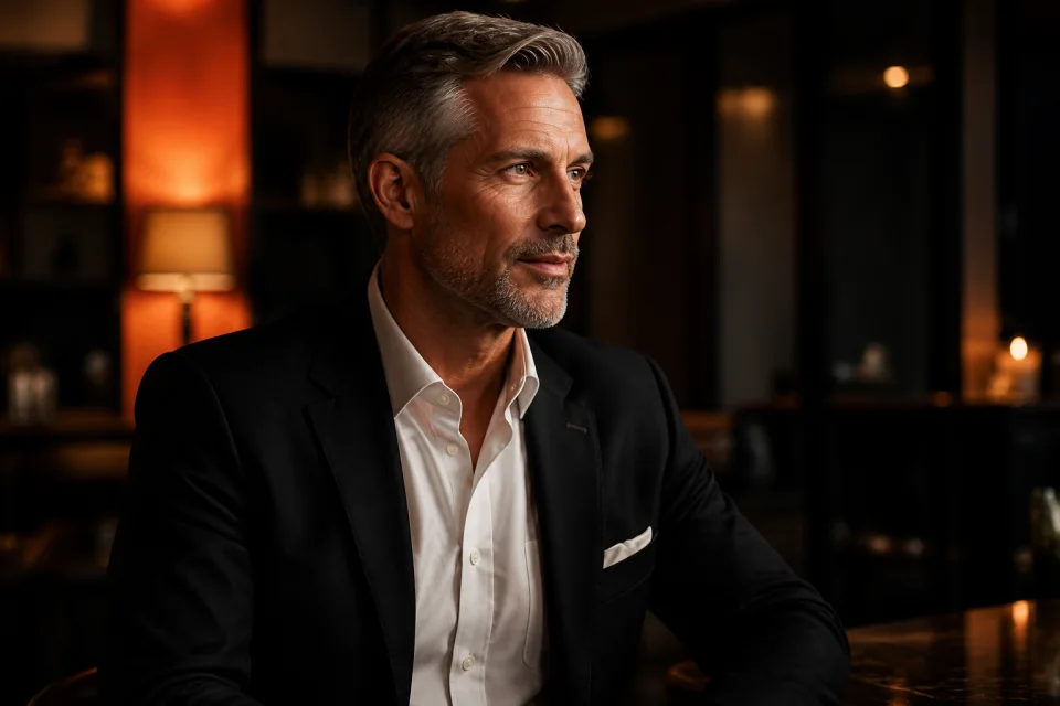 Well-dressed mature man in an elegant Australian lounge